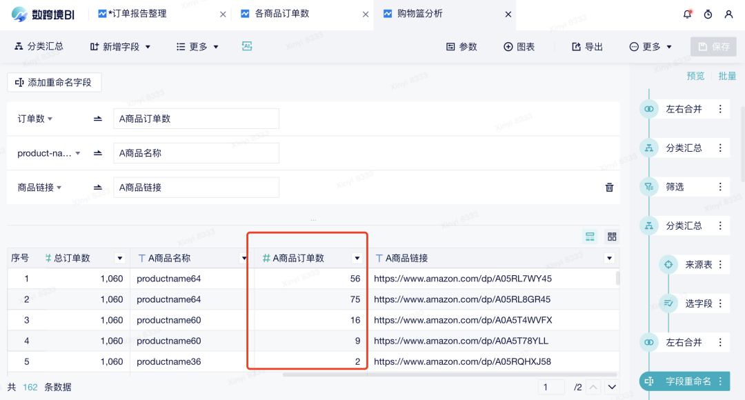 计算分别购买A和B的订单数